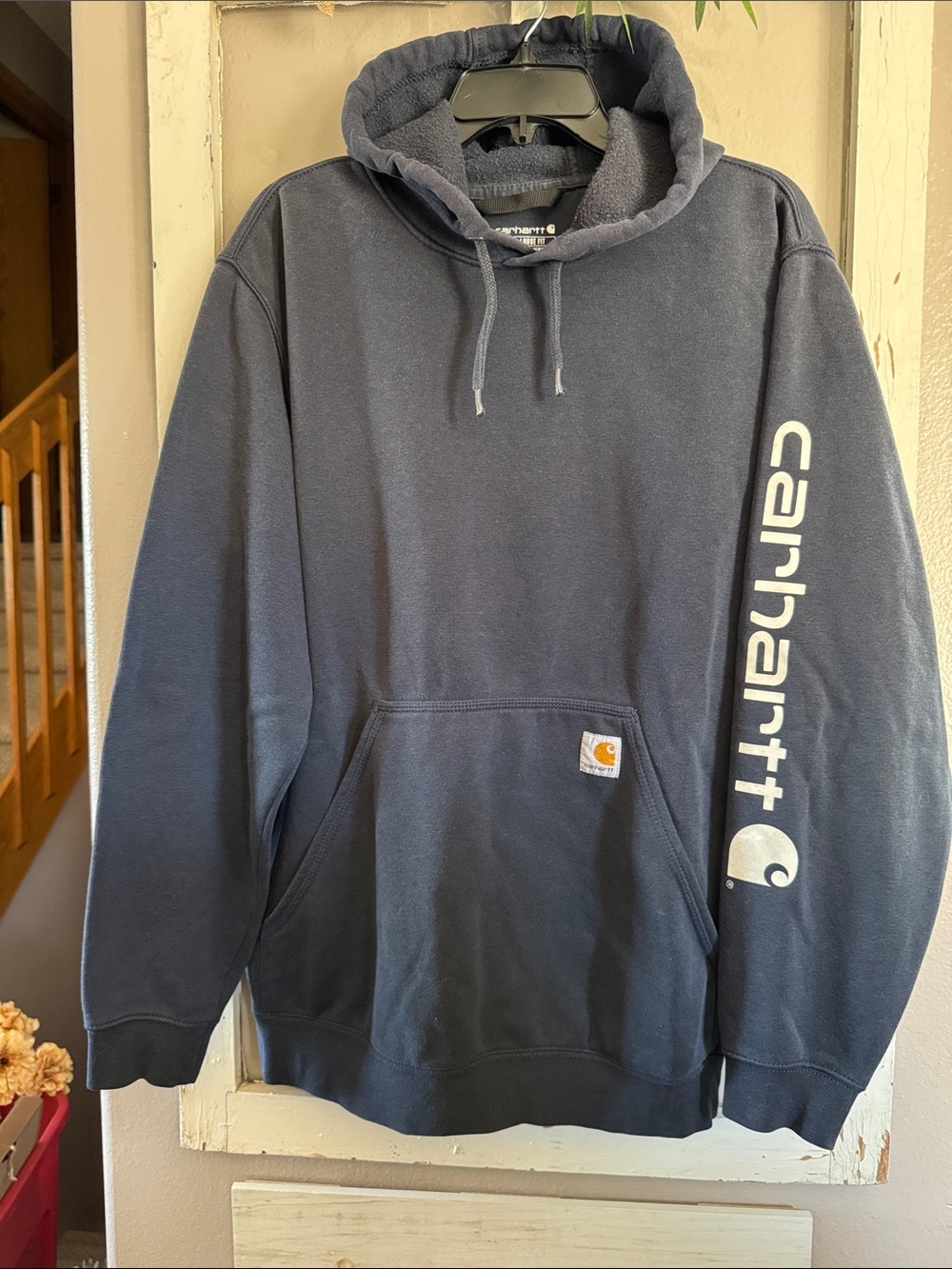 Carhartt Men's washed Navy Crewneck Hoodie with White Sleeve Logo!